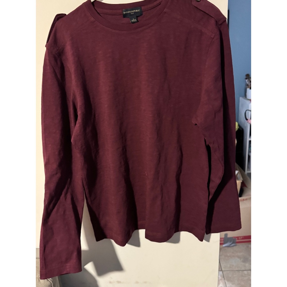 Banana Republic Mens Long Sleeve Slub Knit T-Shirt Burgundy Epaulette Large